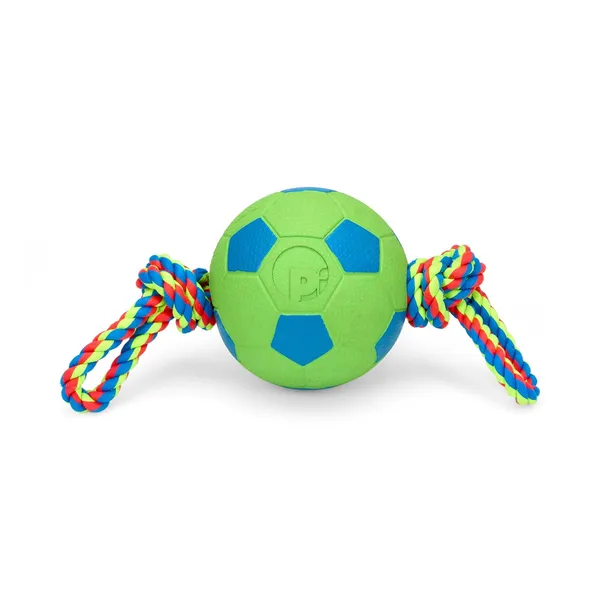 Green rubber ball dog toy with knotted ropes