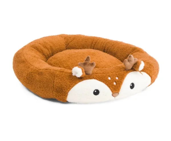 Round brown plush pet bed shaped like a deer face